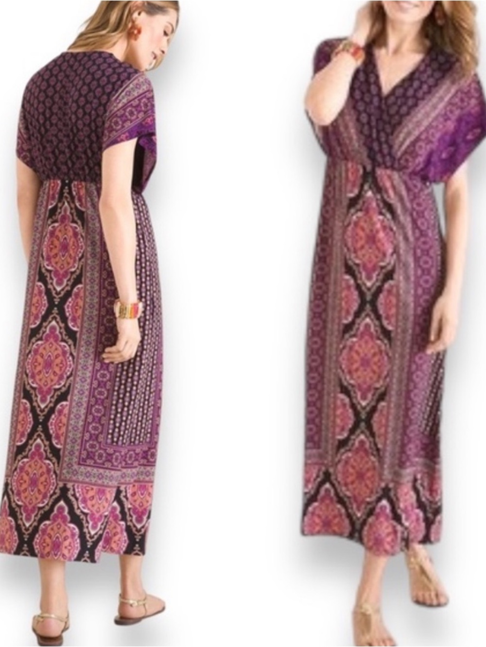 Chico's Purple and Pink Patterned Short Sleeve Maxi Dress